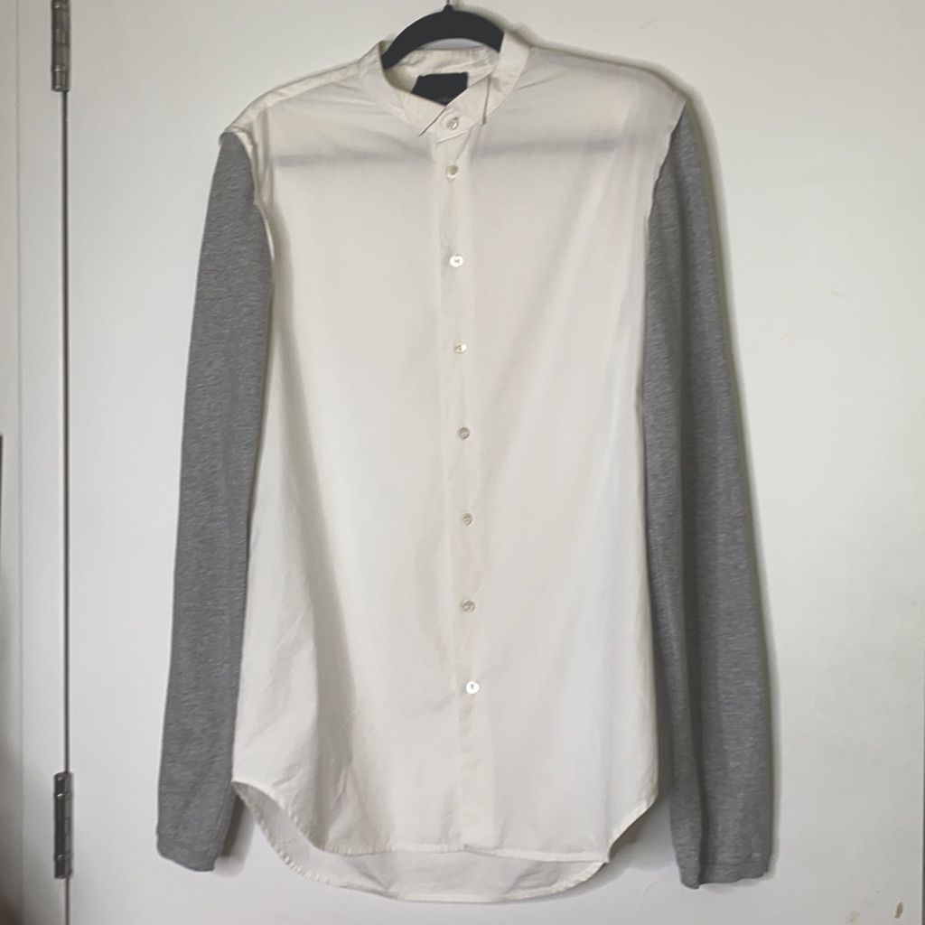 Philipp Plein White Button Up Mandarin Jersey Grey Sleeve Shirt
